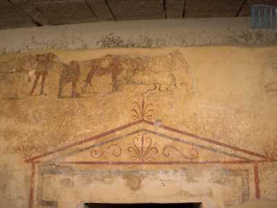 Ma ci� che colpisce � l'affresco che riproduce una processione guidata appunto dal Cerbero, figura mitologica di cane a tre teste che secondo i greci accompagnava le anime dei morti nell'aldil�: una raffigurazione molto in voga durante l'et� ellenica, quindi tra il IV e il I secolo a.C.